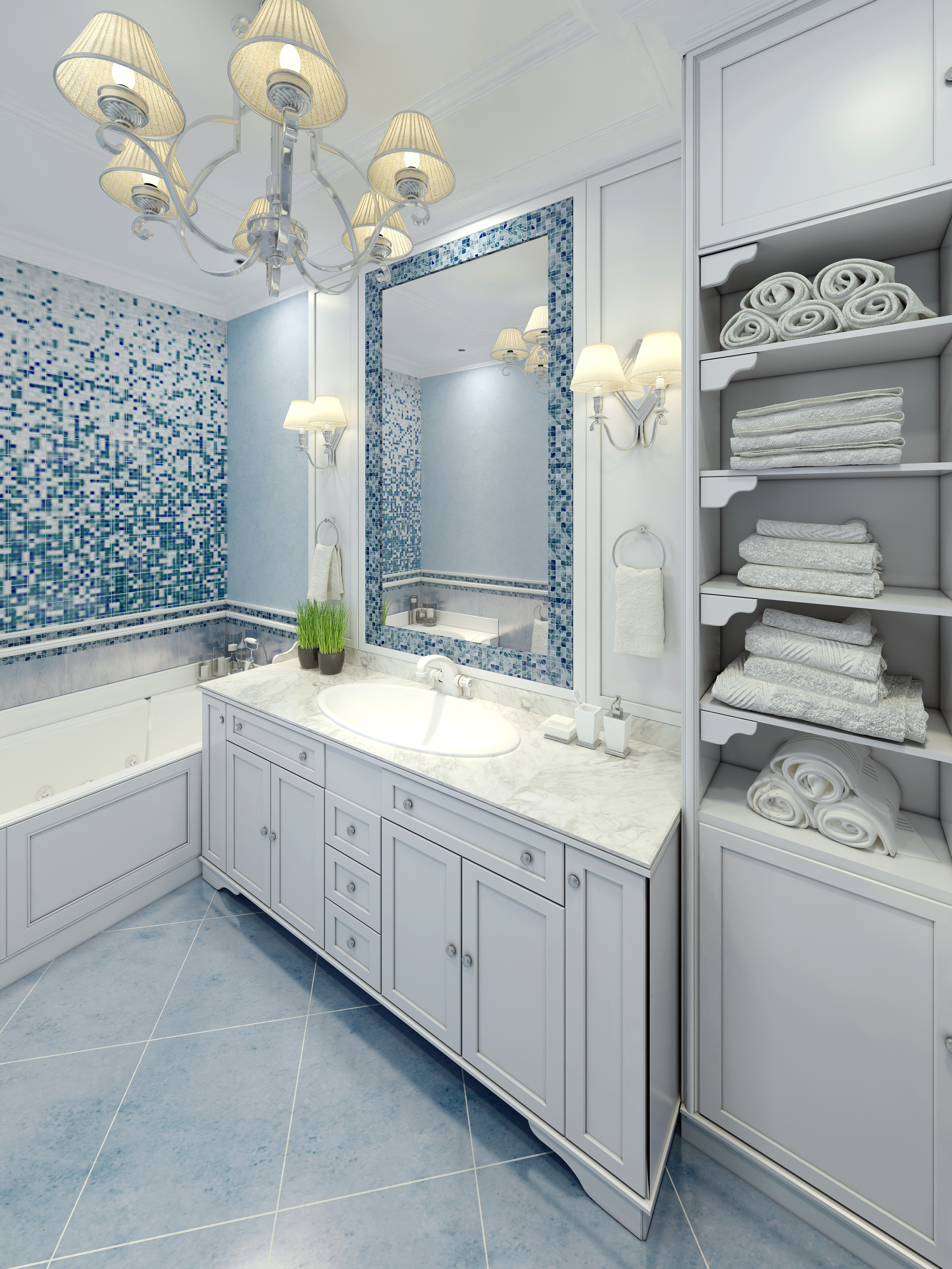 Graceful bathroom art deco design. 3D render